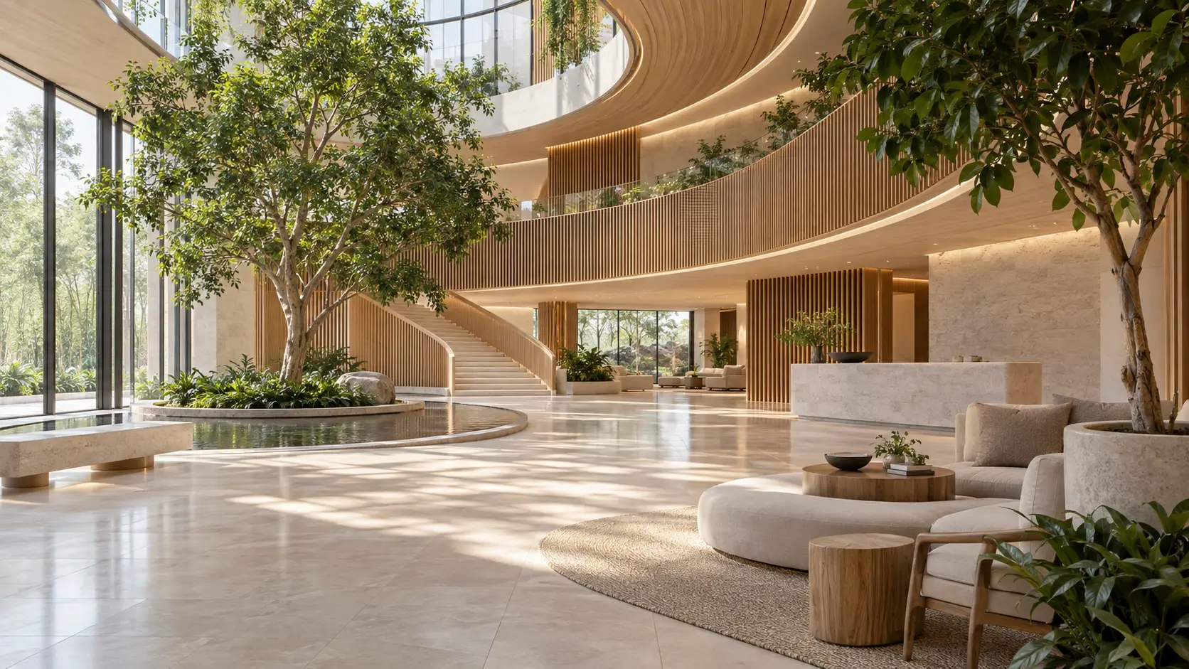 ภาพประกอบแนวสถาปัตยกรรมของห้องโถงสถานพยาบาลที่สงบและมีแสงธรรมชาติ ตกแต่งด้วยไม้ระแนงและต้นไม้ในร่ม